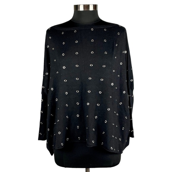 T-BAGS LOS ANGELES GROMMET EMBELLISHED DOLMAN SLEEVE BOAT NECK OVERSIZED SWEATER - Picture 3 of 12